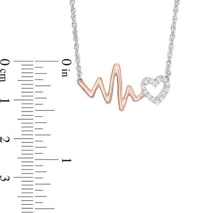 0.1 CT. T.W. Natural Diamond Heartbeat and Heart Necklace in Sterling Silver and 10K Rose Gold - 17