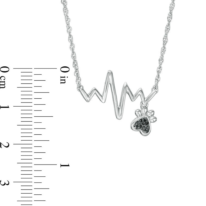 Enhanced Black Natural Diamond Accent Heartbeat and Paw Print Dangle Necklace in Sterling Silver - 17.25