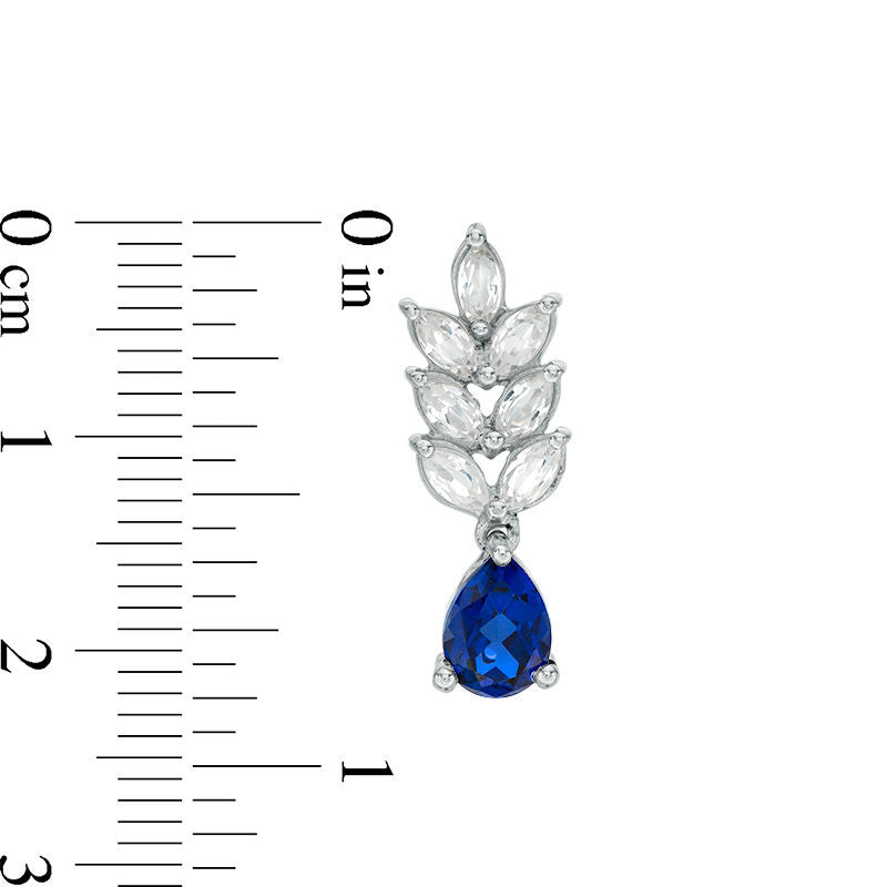Pear-Shaped Lab-Created Blue and Marquise White Sapphire Leaf Drop Earrings in 10K White Gold