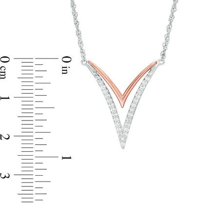 Lab-Created White Sapphire Double V" Necklace in Sterling Silver and 10K Rose Gold"