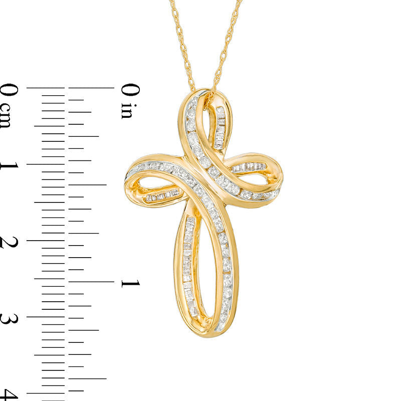 0.75 CT. T.W. Baguette and Round Natural Diamond Loop Cross Pendant in 10K Yellow Gold