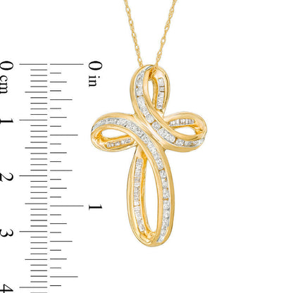 0.75 CT. T.W. Baguette and Round Natural Diamond Loop Cross Pendant in 10K Yellow Gold
