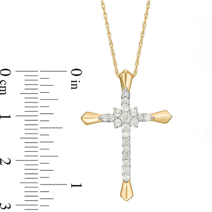 0.38 CT. T.W. Natural Diamond Flower Cluster Cross Pendant in 10K Yellow Gold
