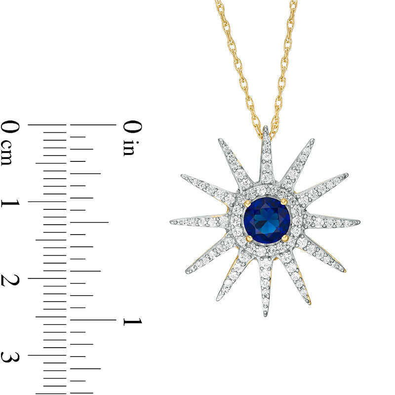 6.0mm Lab-Created Blue and White Sapphire Sunburst Pendant in Sterling Silver with 14K Gold Plate
