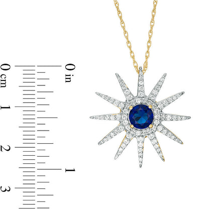 6.0mm Lab-Created Blue and White Sapphire Sunburst Pendant in Sterling Silver with 14K Gold Plate