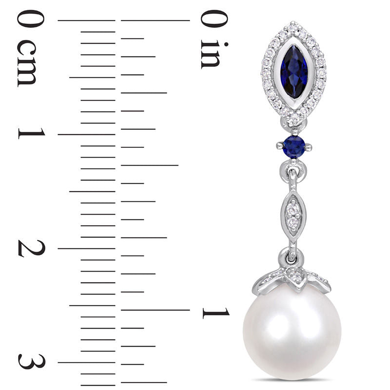 Cultured Freshwater Pearl, Lab-Created Blue Sapphire and 0.2 CT. T.W. Diamond Drop Earrings in 10K White Gold