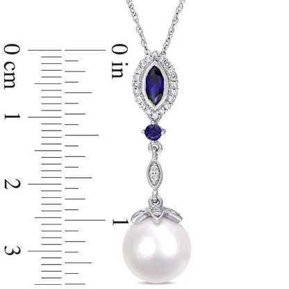 Cultured Freshwater Pearl, Lab-Created Blue Sapphire and 0.13 CT. T.W. Diamond Drop Pendant in 10K White Gold - 17
