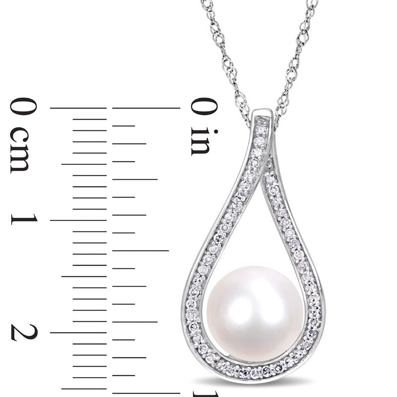 9.0 - 9.5mm Cultured Freshwater Pearl and 0.2 CT. T.W. Natural Diamond Open Teardrop Frame Pendant in 14K White Gold - 17