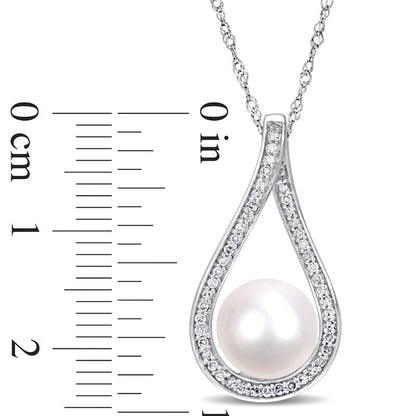 9.0 - 9.5mm Cultured Freshwater Pearl and 0.2 CT. T.W. Natural Diamond Open Teardrop Frame Pendant in 14K White Gold - 17