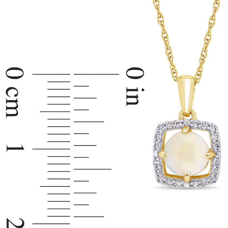 6.0mm Opal and 0.1 CT. T.W. Natural Diamond Cushion Frame Pendant in 10K Yellow Gold - 17
