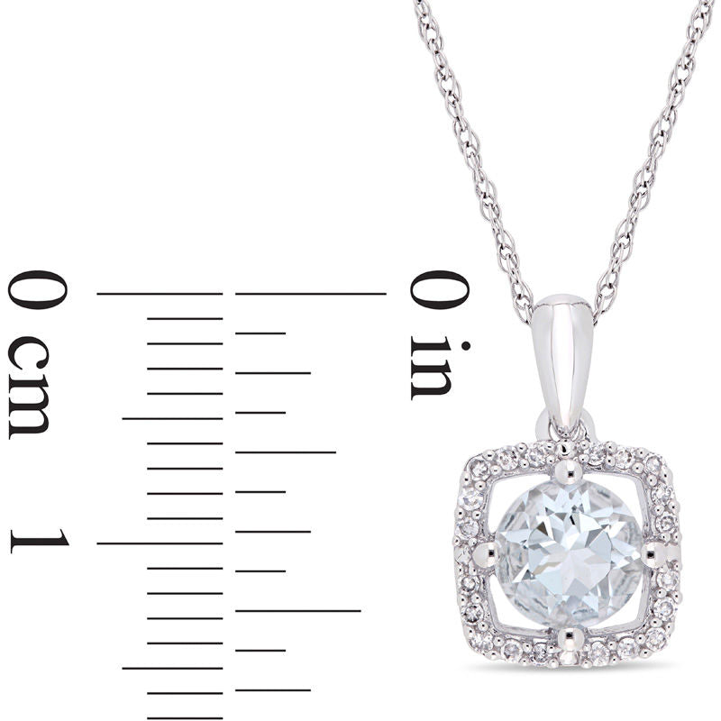6.0mm Aquamarine and 0.1 CT. T.W. Natural Diamond Cushion Frame Pendant in 10K White Gold - 17