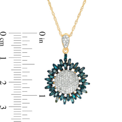 0.75 CT. T.W. Enhanced Blue and White Composite Natural Diamond Sunburst Pendant in 10K Yellow Gold