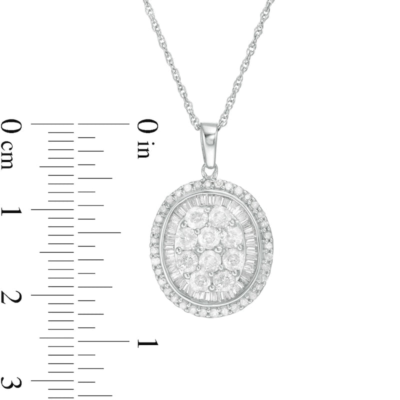 1.25 CT. T.W. Composite Baguette and Round Natural Diamond Oval Frame Pendant in 10K White Gold