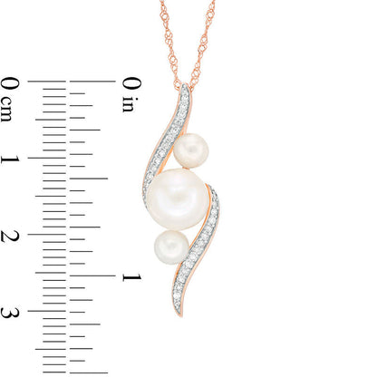Cultured Freshwater Pearl and 0.13 CT. T.W. Natural Diamond Three Stone Bypass Pendant in 10K Rose Gold - 17