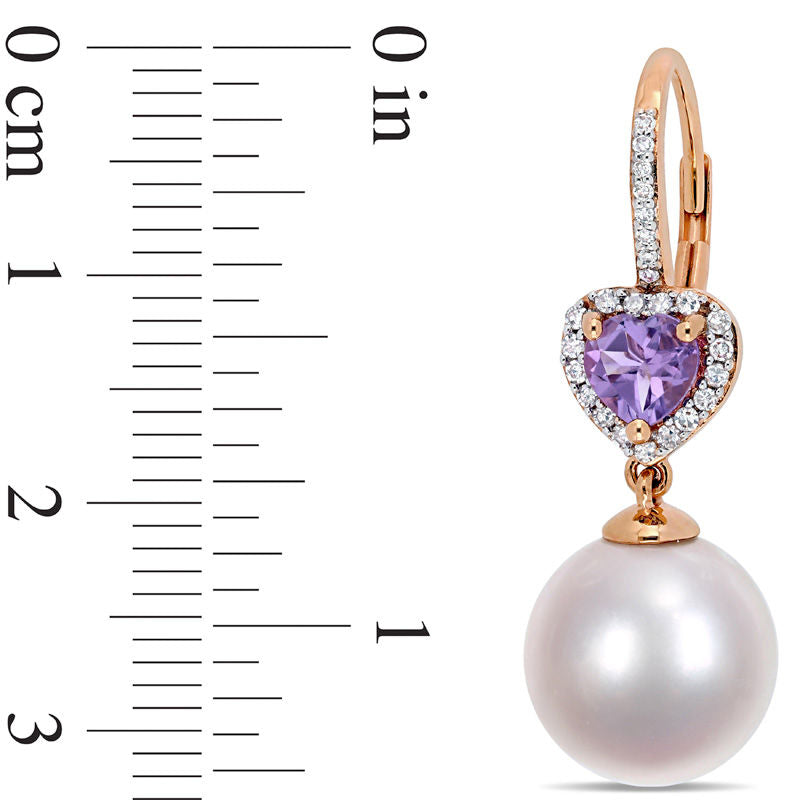 11.0 - 12.0mm Cultured Freshwater Pearl, Amethyst and 0.2 CT. T.W. Diamond Frame Drop Earrings in 10K Rose Gold
