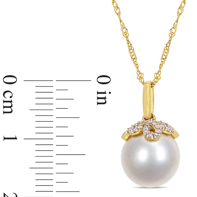 10.0 - 11.0mm Cultured South Sea Pearl and 0.07 CT. T.W. Natural Diamond Leaf Top Pendant in 14K Gold - 17
