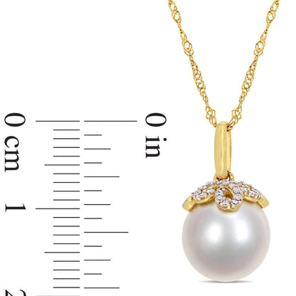 10.0 - 11.0mm Cultured South Sea Pearl and 0.07 CT. T.W. Natural Diamond Leaf Top Pendant in 14K Gold - 17