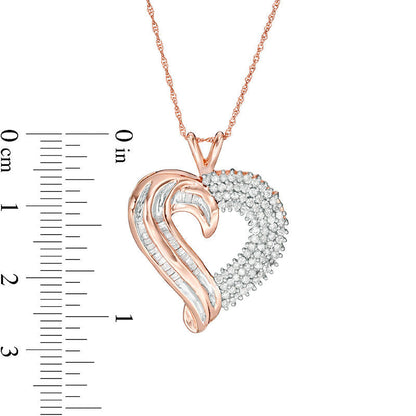 0.75 CT. T.W. Baguette and Round Natural Diamond Heart Pendant in 10K Rose Gold