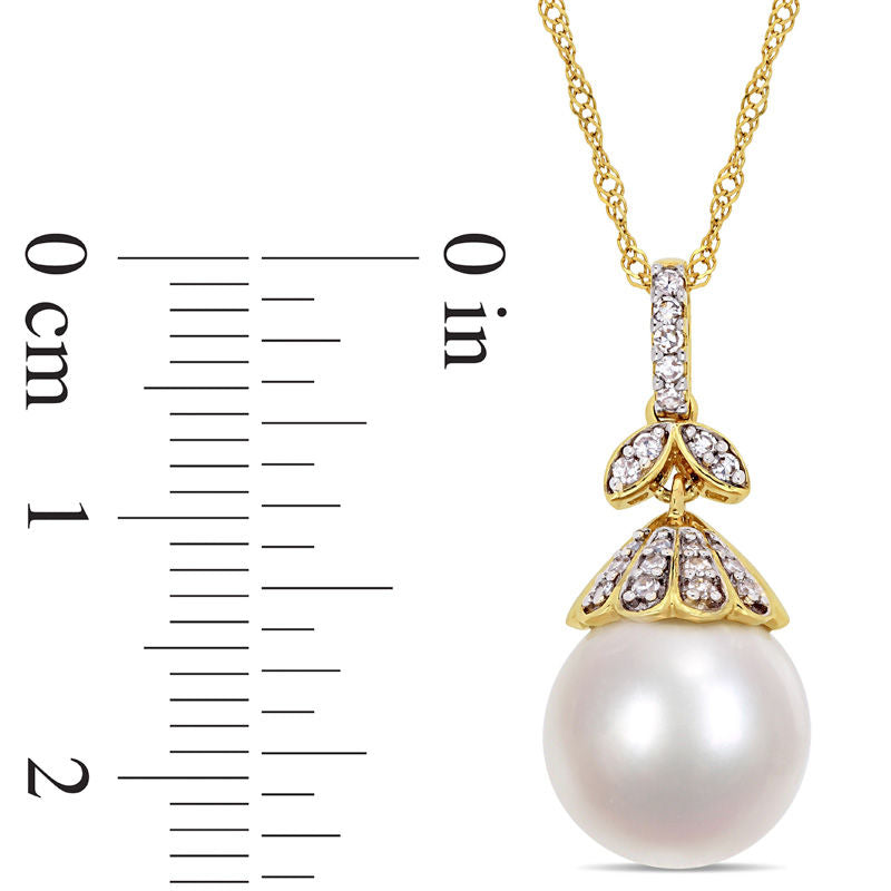 10.0 - 11.0mm Oval Cultured South Sea Pearl and 0.1 CT. T.W. Natural Diamond Flower Top Pendant in 14K Gold - 17
