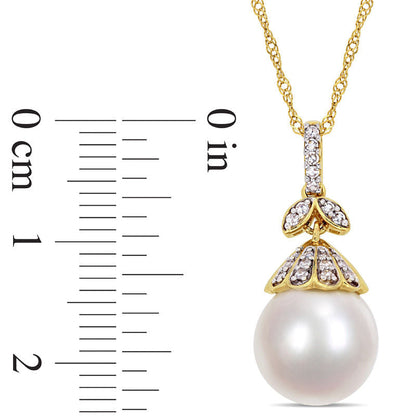 10.0 - 11.0mm Oval Cultured South Sea Pearl and 0.1 CT. T.W. Natural Diamond Flower Top Pendant in 14K Gold - 17
