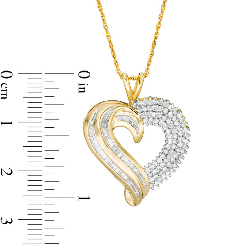 0.75 CT. T.W. Baguette and Round Natural Diamond Heart Pendant in 10K Yellow Gold