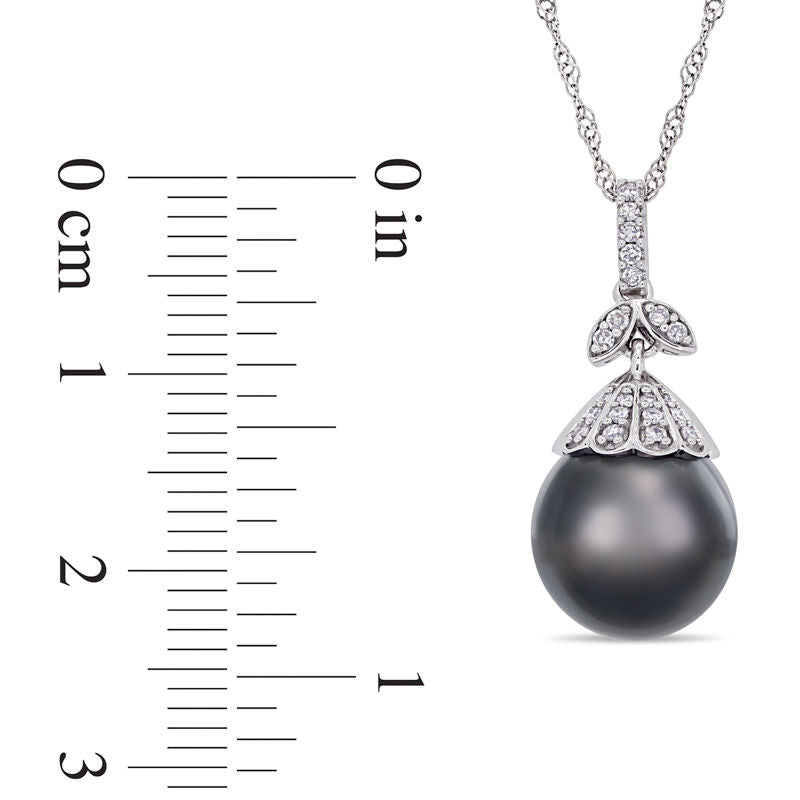 10.0 - 11.0mm Oval Black Cultured Tahitian Pearl and 0.1 CT. T.W. Natural Diamond Flower Top Pendant in 14K White Gold - 17