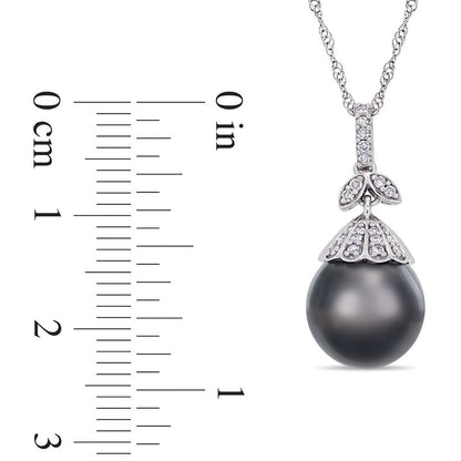 10.0 - 11.0mm Oval Black Cultured Tahitian Pearl and 0.1 CT. T.W. Natural Diamond Flower Top Pendant in 14K White Gold - 17