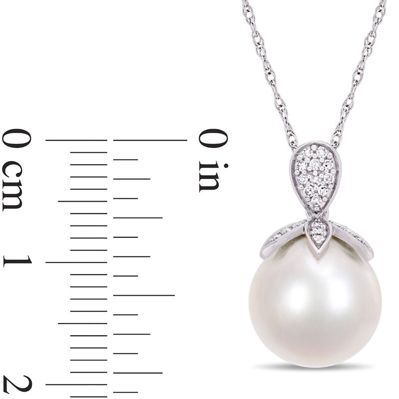 11.0 - 12.0mm Cultured Freshwater Pearl and 0.1 CT. T.W. Natural Diamond Petals Pendant in 10K White Gold - 17