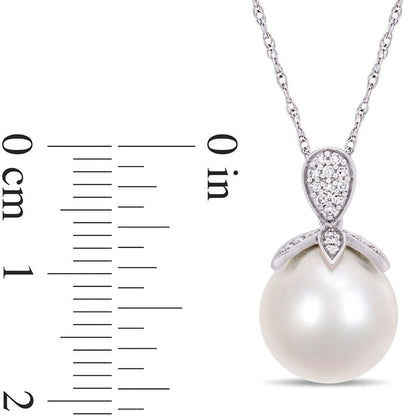 11.0 - 12.0mm Cultured Freshwater Pearl and 0.1 CT. T.W. Natural Diamond Petals Pendant in 10K White Gold - 17