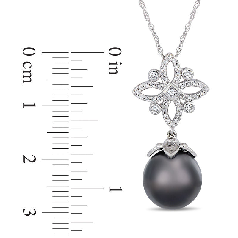 11.0 - 12.0mm Oval Black Cultured Tahitian Pearl and 0.25 CT. T.W. Natural Diamond Ornate Flower Pendant in 14K White Gold - 17