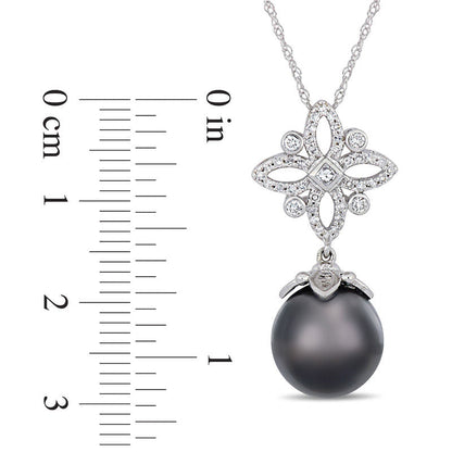11.0 - 12.0mm Oval Black Cultured Tahitian Pearl and 0.25 CT. T.W. Natural Diamond Ornate Flower Pendant in 14K White Gold - 17