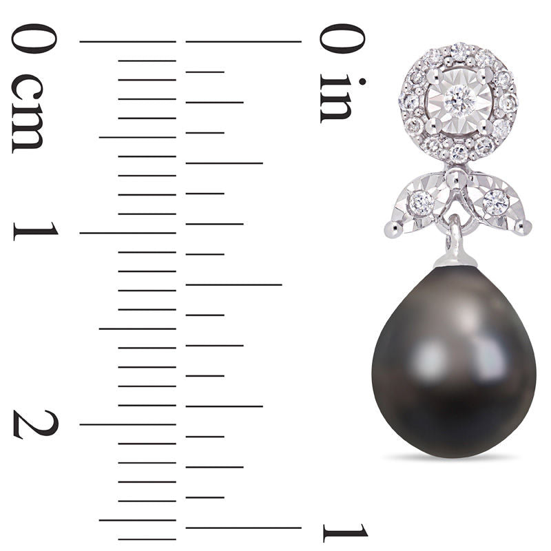 8.0 - 8.5mm Oval Black Cultured Tahitian Pearl and 0.2 CT. T.W. Diamond Flower Drop Earrings in 10K White Gold