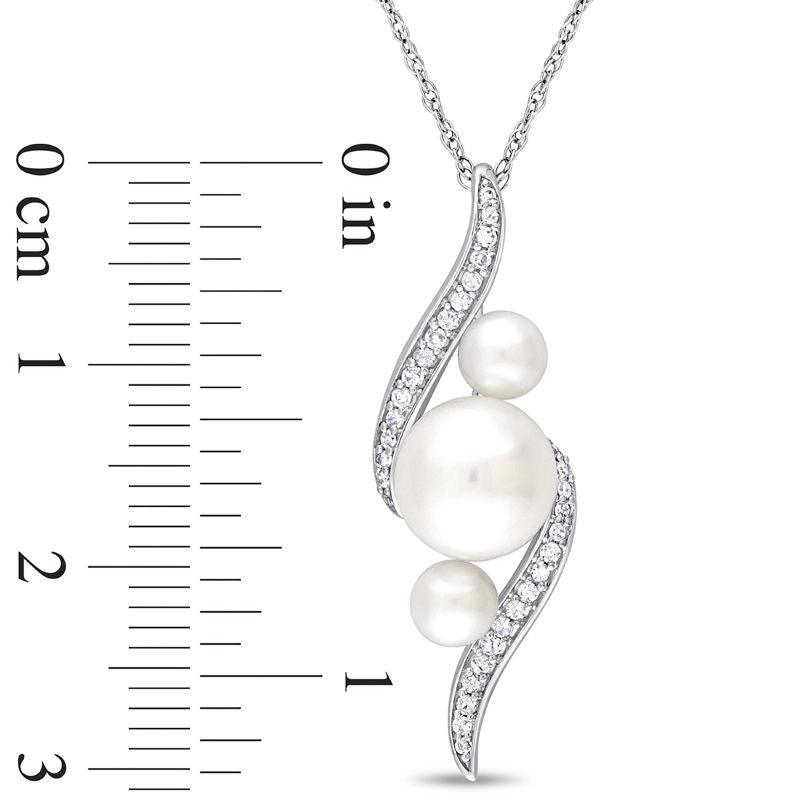 Cultured Freshwater Pearl and 0.13 CT. T.W. Natural Diamond Linear Three Stone Bypass Pendant in 10K White Gold - 17