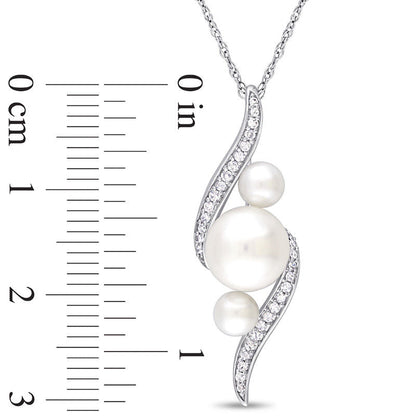 Cultured Freshwater Pearl and 0.13 CT. T.W. Natural Diamond Linear Three Stone Bypass Pendant in 10K White Gold - 17