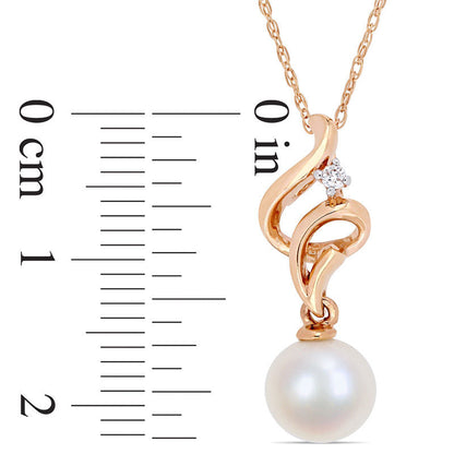 7.0 - 7.5mm Cultured Freshwater Pearl and Natural Diamond Accent Ribbon Pendant in 10K Rose Gold - 17