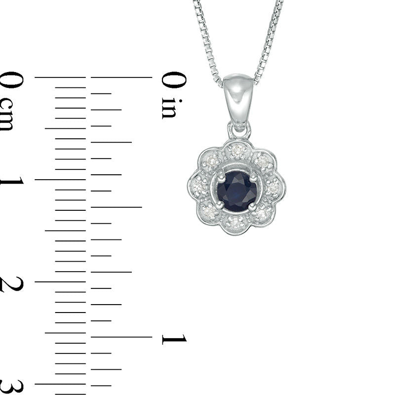4.0mm Blue Sapphire and 0.05 CT. T.W. Natural Diamond Flower Pendant in Sterling Silver