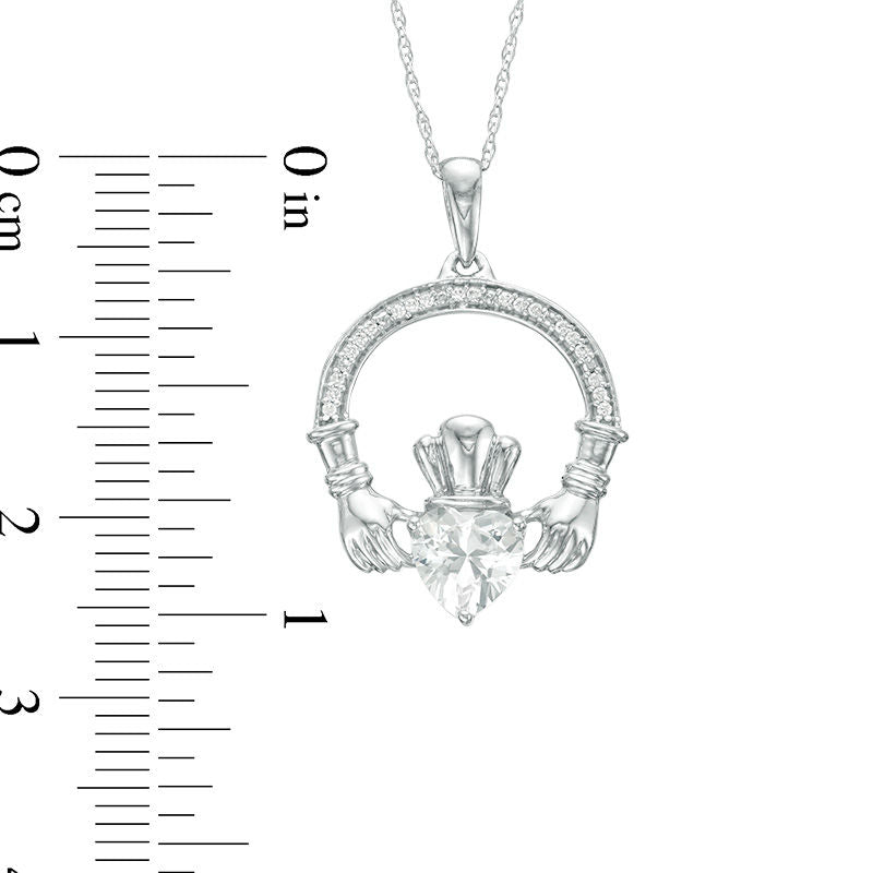 6.0mm Heart-Shaped Lab-Created White Sapphire and 0.05 CT. T.W. Diamond Claddagh Pendant in Sterling Silver