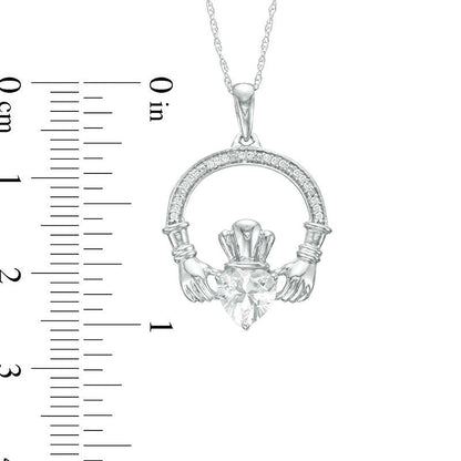 6.0mm Heart-Shaped Lab-Created White Sapphire and 0.05 CT. T.W. Diamond Claddagh Pendant in Sterling Silver
