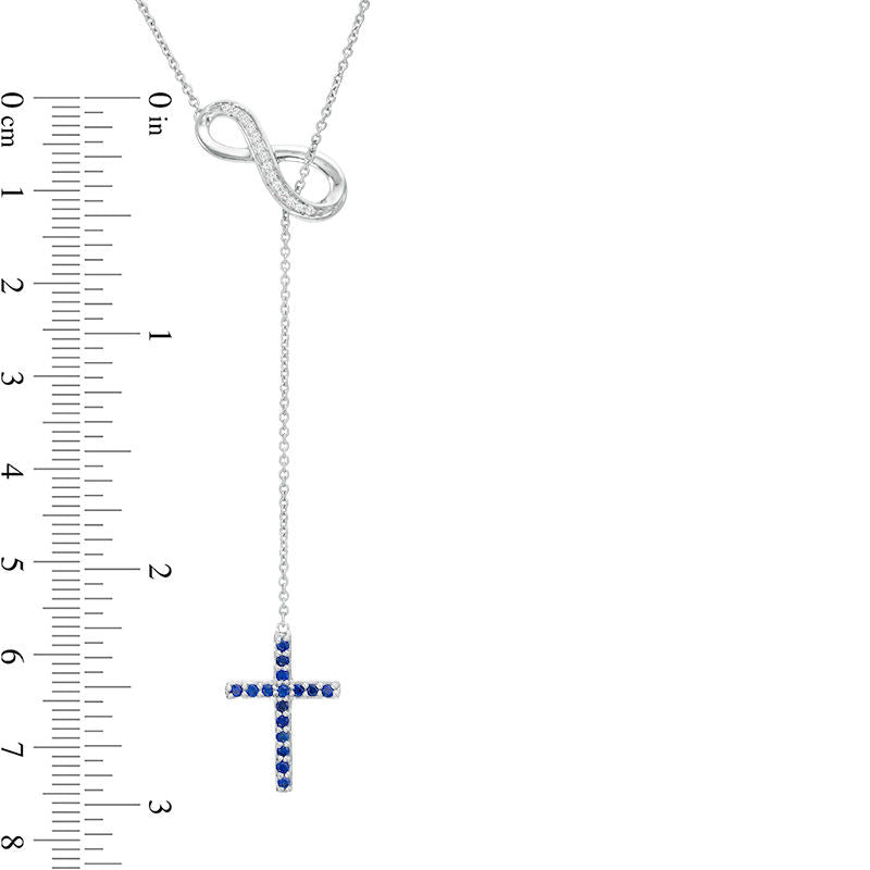 Lab-Created Blue and White Sapphire Cross and Infinity Lariat Necklace in Sterling Silver - 20