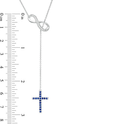Lab-Created Blue and White Sapphire Cross and Infinity Lariat Necklace in Sterling Silver - 20