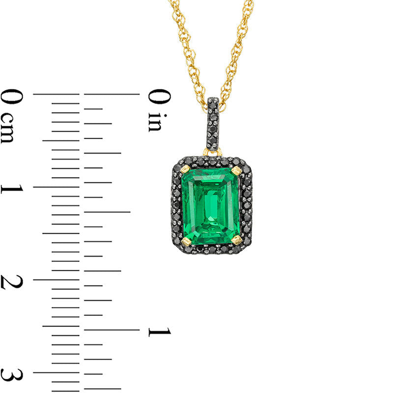 Emerald-Cut Lab-Created Emerald and 0.13 CT. T.W. Enhanced Black Diamond Frame Pendant in 10K Yellow Gold