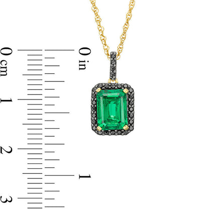 Emerald-Cut Lab-Created Emerald and 0.13 CT. T.W. Enhanced Black Diamond Frame Pendant in 10K Yellow Gold