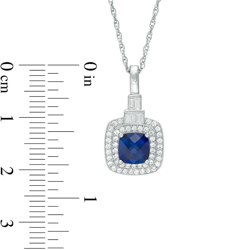 6.0mm Cushion-Cut Lab-Created Blue and White Sapphire Double Frame Pendant in Sterling Silver