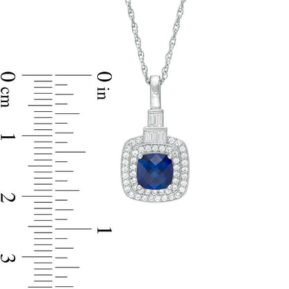 6.0mm Cushion-Cut Lab-Created Blue and White Sapphire Double Frame Pendant in Sterling Silver