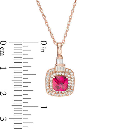 6.0mm Cushion-Cut Lab-Created Ruby and White Sapphire Double Frame Pendant in Sterling Silver with 14K Rose Gold Plate