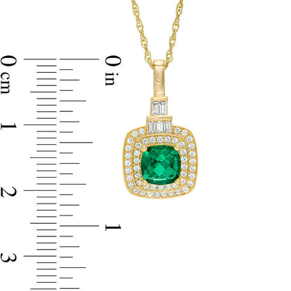 6.0mm Cushion-Cut Lab-Created Emerald and White Sapphire Double Frame Pendant in Sterling Silver with 14K Gold Plate