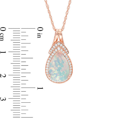 Pear-Shaped Lab-Created Opal and White Sapphire Frame and V"-Top Pendant in Sterling Silver with 14K Rose Gold Plate"