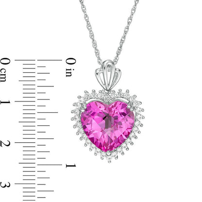 13.0mm Lab-Created Pink and White Sapphire Sunburst Heart Frame Pendant in Sterling Silver