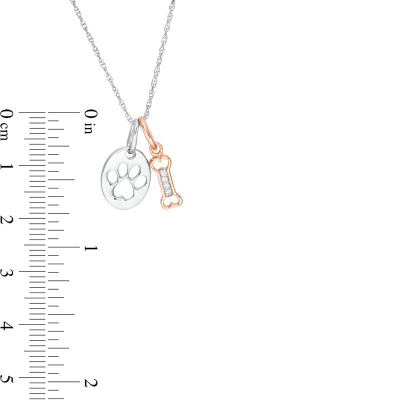 Natural Diamond Accent Dog Bone and Paw Print Disc Pendant in Sterling Silver and 10K Rose Gold