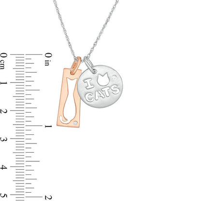 Natural Diamond Accent Cut-Out Cat Rectangle and I Heart CATS" Disc Pendant in Sterling Silver and 14K Rose Gold Plate"